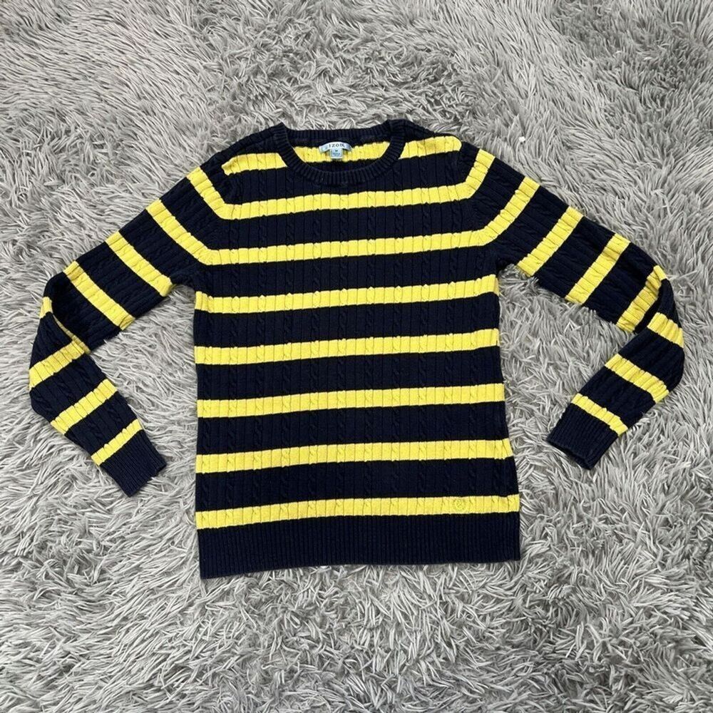 Izod Womens Cable Knit Striped Sweater Size Medium Green Blue Classic Crewneck